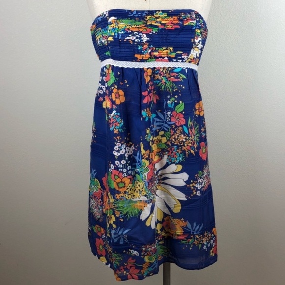 Shoshanna Blue Floral Print Strapless Mini Dress Sz 8 Cottagecore Shabby Chic - Picture 1 of 10